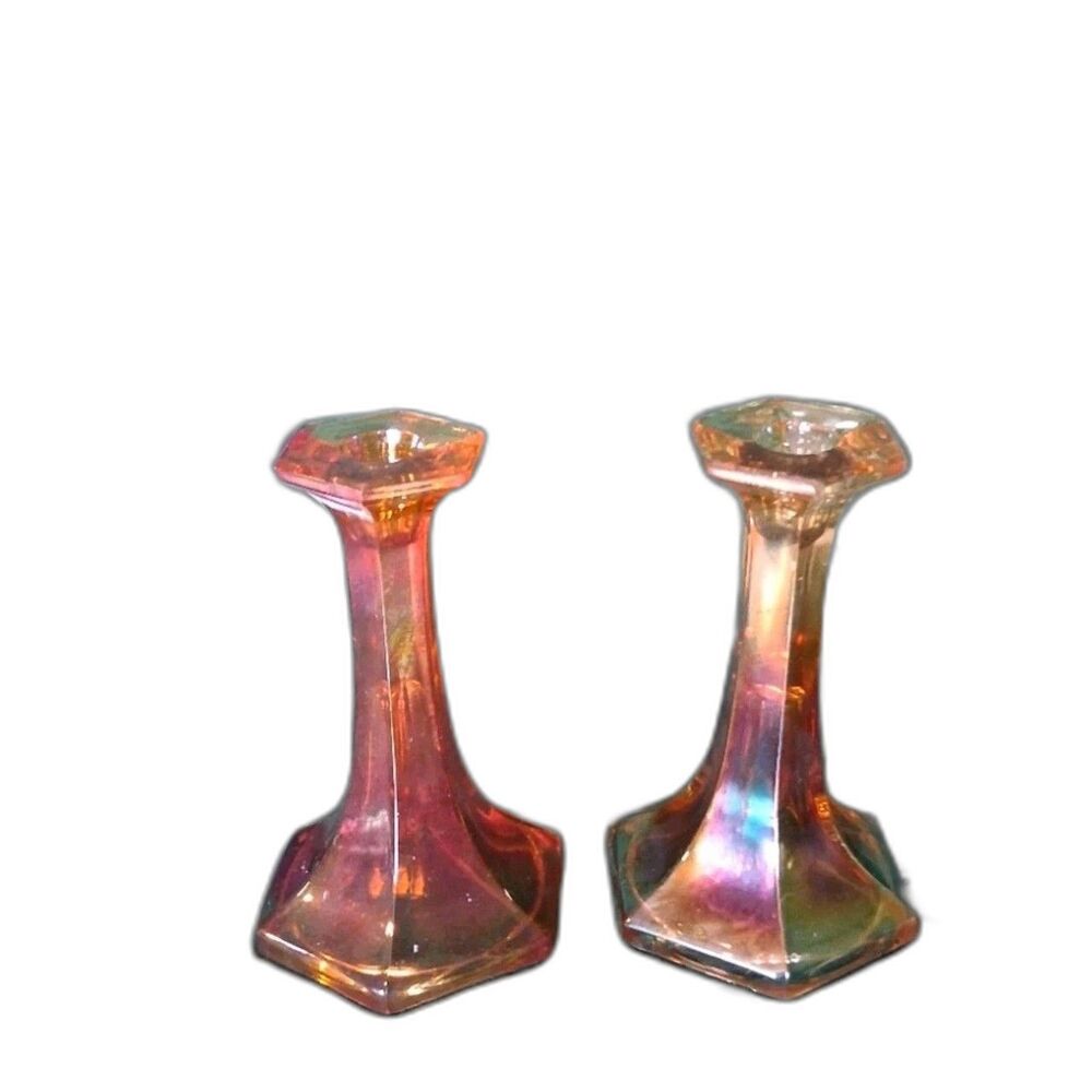 PAIR OF Fenton Marigold Carnival Glass Florentine Candlestick 1920"S